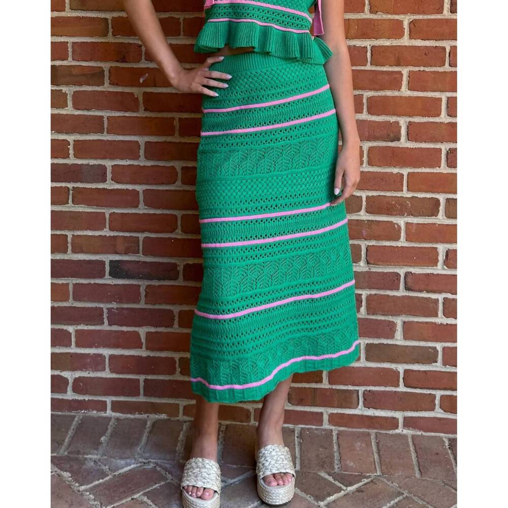 NEW DAY + MOON crochet knit sweater midi skirt in green / pink